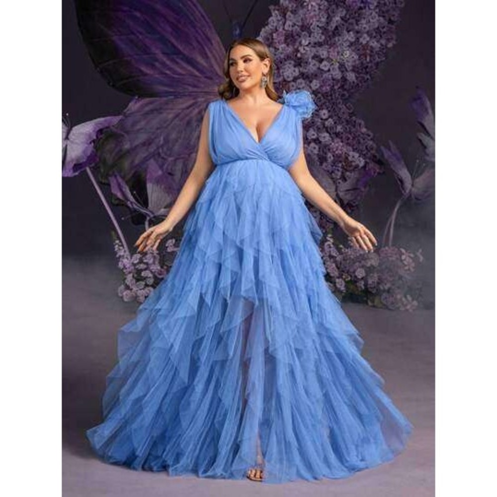 Faeriesty Blue Tulle Ruffle Maxi Dress Size S Prom Wedding Guest Rosette Tiered